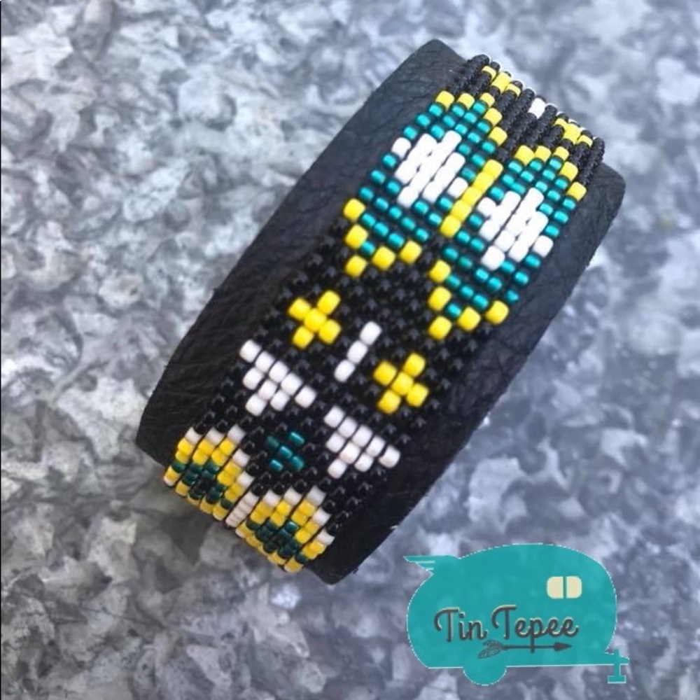 Native Beaded Boho Leather Cuff Bracelet